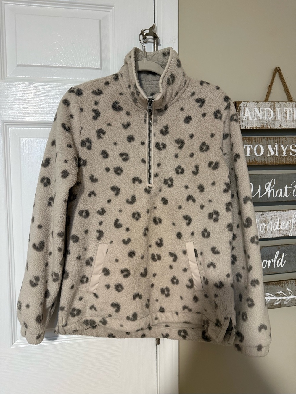 Abercrombie & Fitch Cream Leopard Print Half-Zip Fleece Jacket